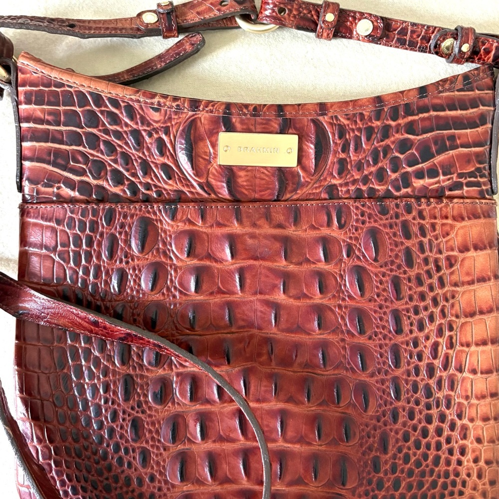 Brahmin Croc-Embossed Crossbody in Chestnut with Dark Accents